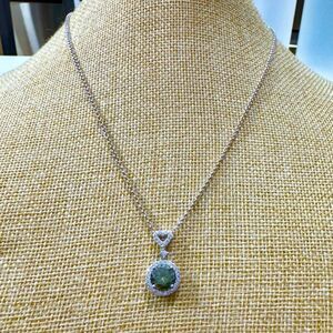 Green Moissanite Halo Necklace• Heart Accent • 18” Chain • New w/ Box • GRA Cert